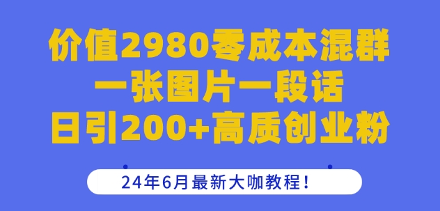 价值2980零成本混群一张图片一段话日引200+高质创业粉，2024年6月最新大咖教程