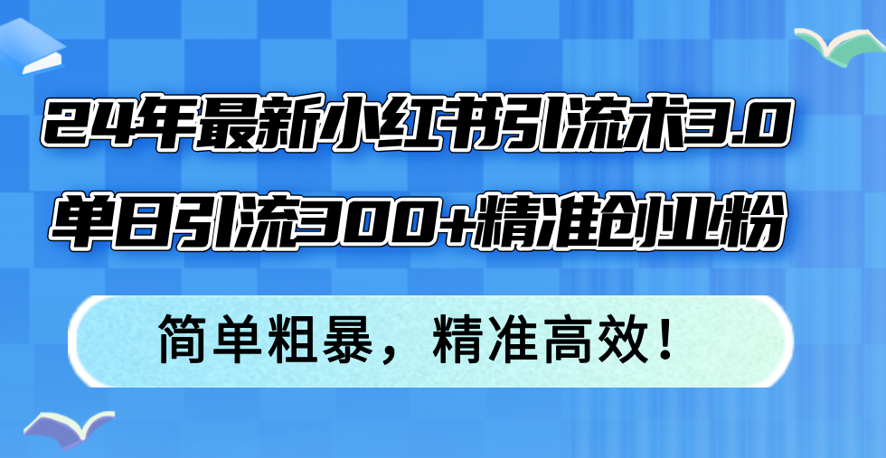 24年最新小红书引流术3.0，单日引流300+精准创业粉，简单粗暴，精准高效