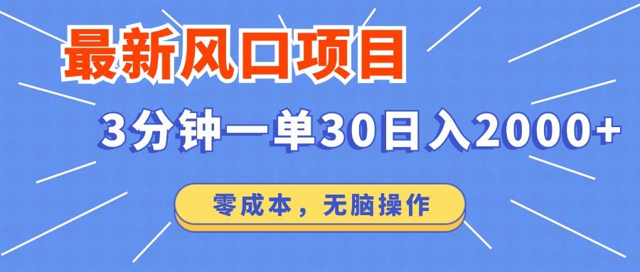 最新风口项目操作，3分钟一单30。日入2000左右，零成本，无脑操作